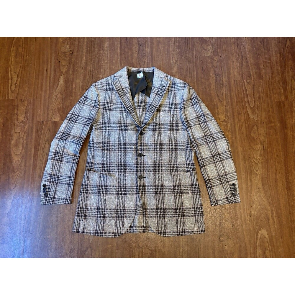 Luigi Borrelli Deconstructed Plaid Sports Coat Blazer Brown Cotton Blend Sz 52
